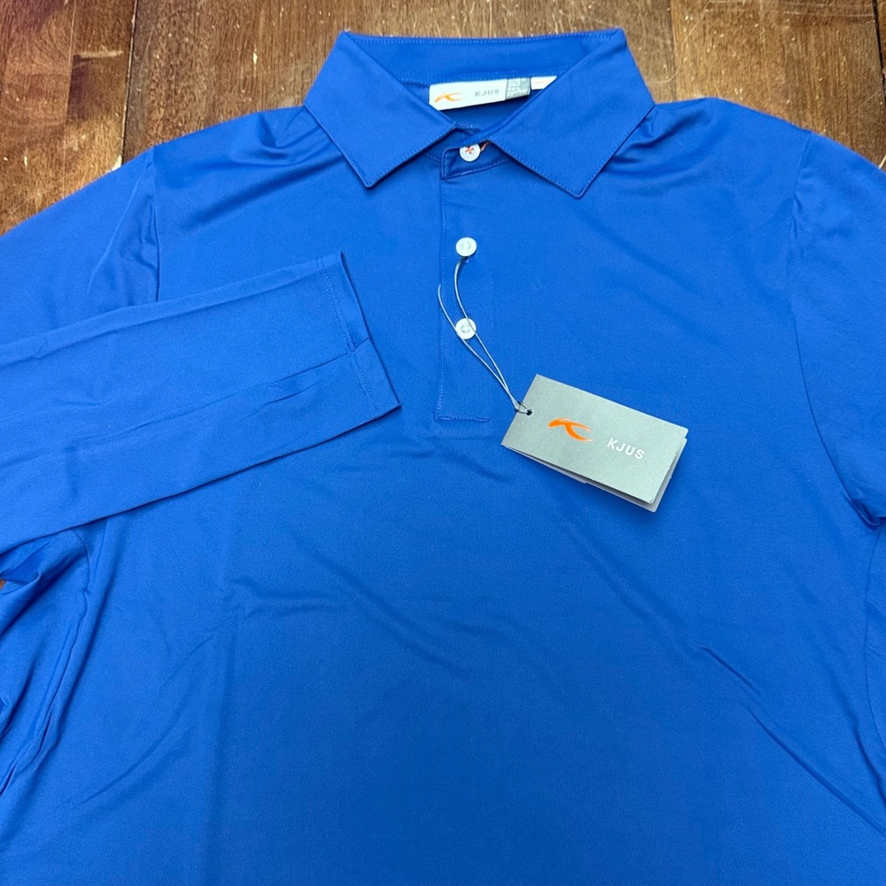 New KJUS Soren Polo L/S Mens 52 Large Blue L/S Performance UPF 50+ Golf Shirt